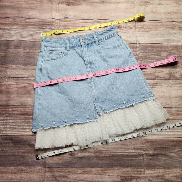 Ochirly Asymetrical Denim Lace Pearl Beaded Jean Skirt - Picture 5 of 12